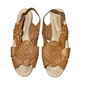 Softspots Womens Leather Huarache Sandals 8 Tan Brown Woven Slingback Flats 9M